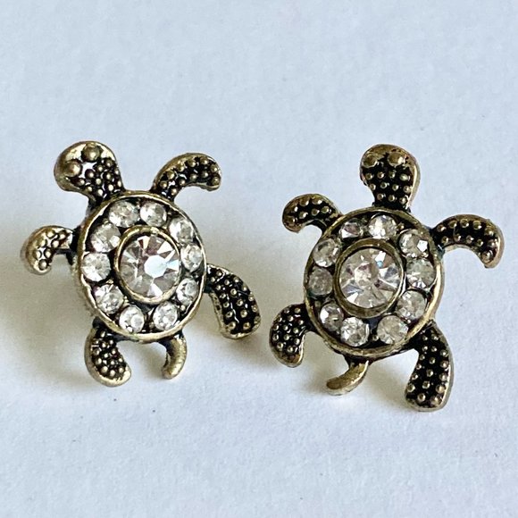 Crystal Sea Turtle Post Earrings Gold Tone Plated Nautical Island Beach Dainty - Picture 7 of 12